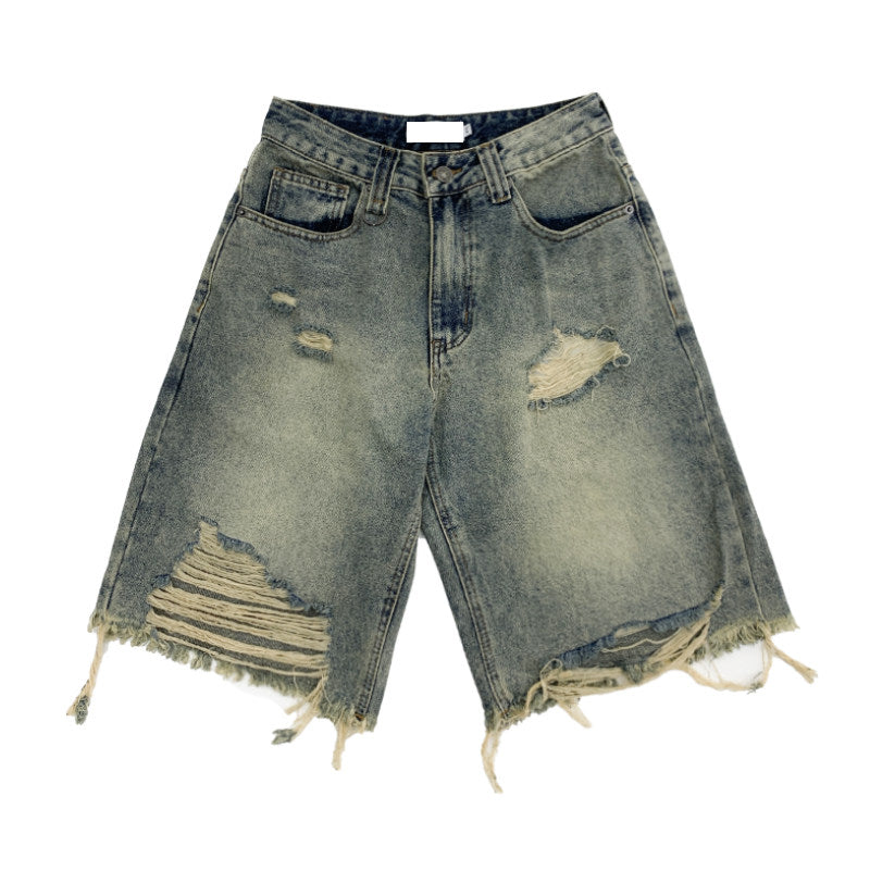 Damage Washed Frayed Hem Half Denim Jeans NA9113