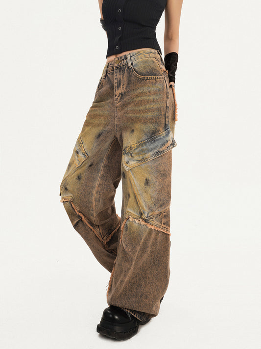 Damage Heavy Craft Large Pocket Wide Leg Denim Jeans NA8574