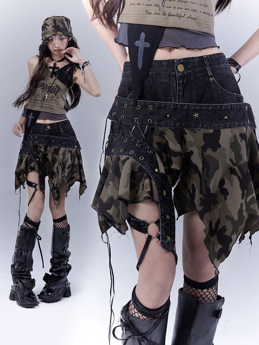 Original Design Damage Camouflage Lace-Up Short Denim Skirt NA8543