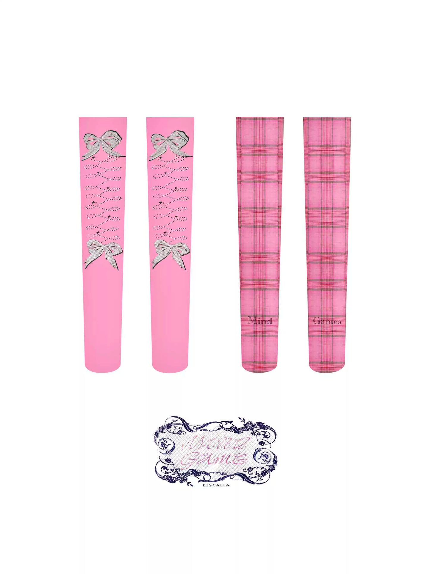 Bow Pink Grid Long Leg Socks NA7162
