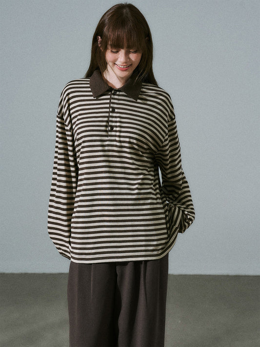 Brown Striped Long Sleeve Polo-Shirt NA8813