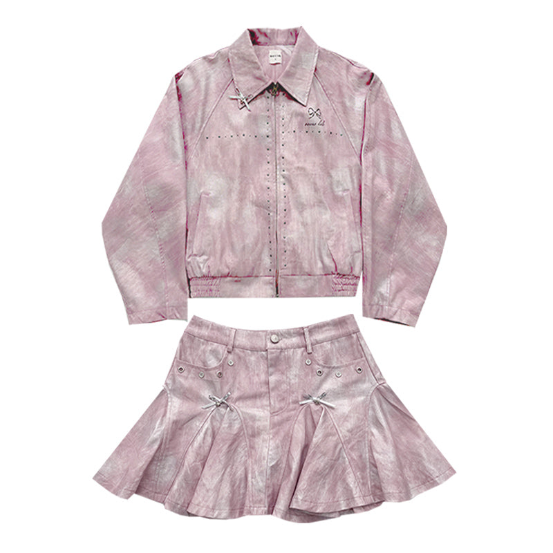 Tie-Dye Silver-Coated Oversize Jacket & Pleats Short Skirt Setup NA8240