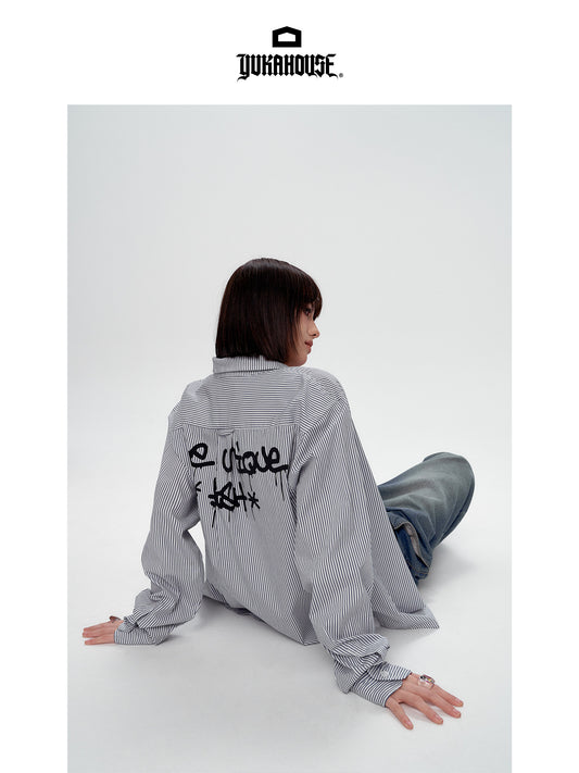 Blue White Stripe Oversize College Long Sleeve Shirt NA8879