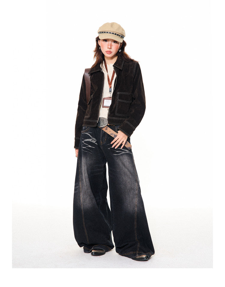 Washed Scratch Detail Wide Leg Denim Jeans NA9432