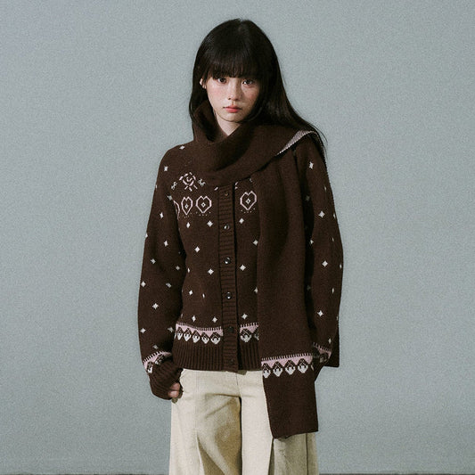 Fair Isle Pattern Wool Blend Scarf Knit Cardigan NA8791