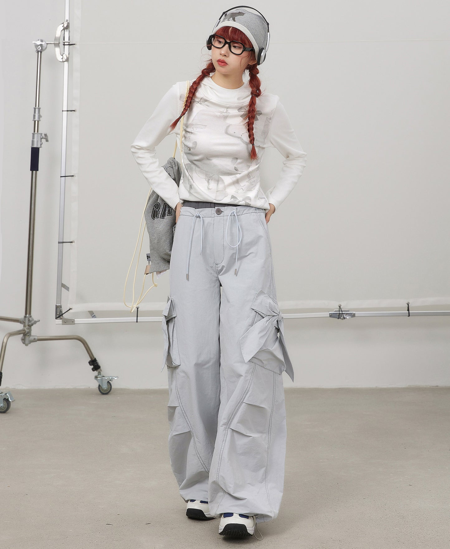 3D Bow Contrast Patch Pockets & Double Waistband Wide-Leg Pants NA8245