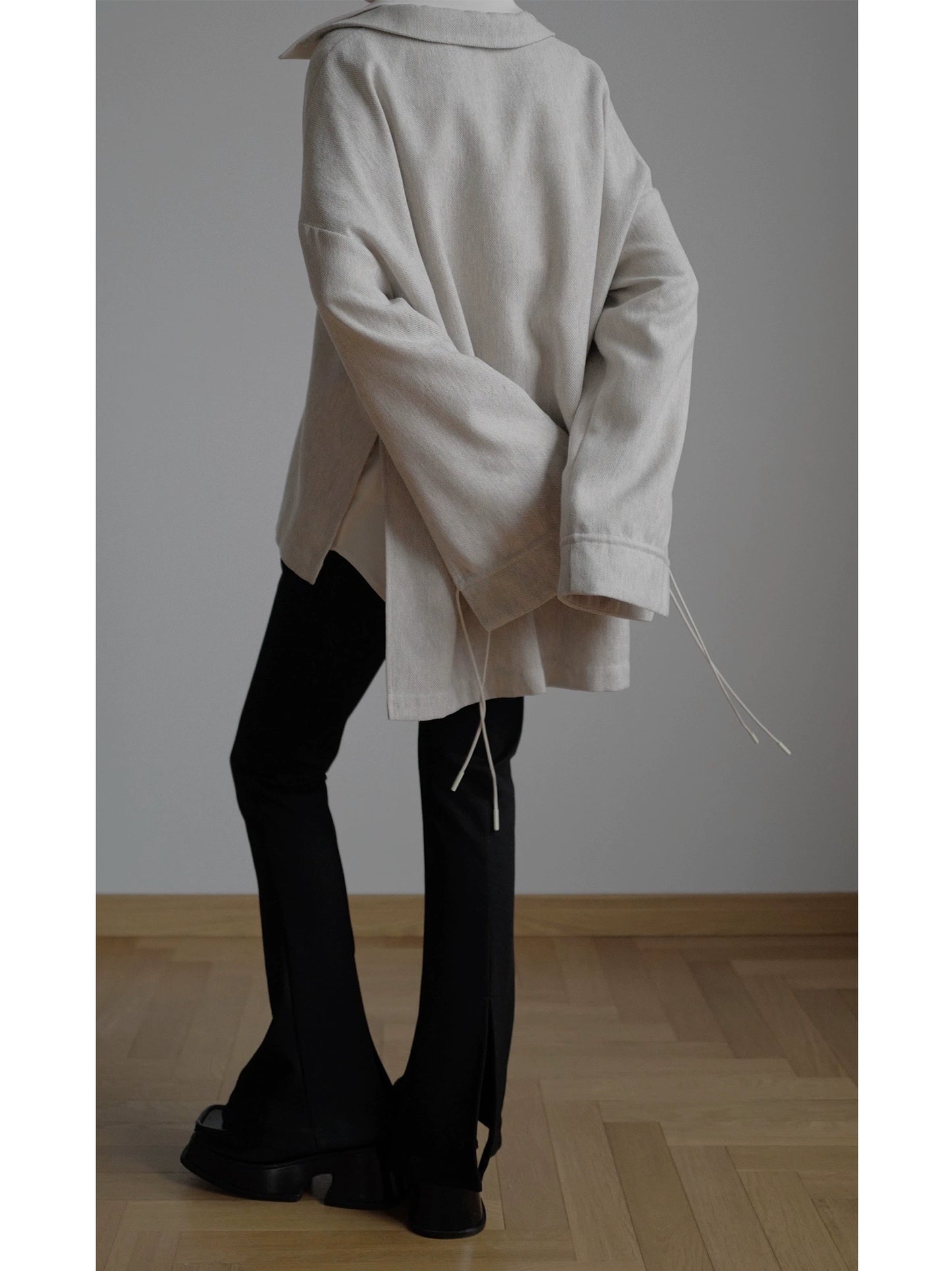 Puff Sleeve Drawstring V-neck Polo Shirt NA4281