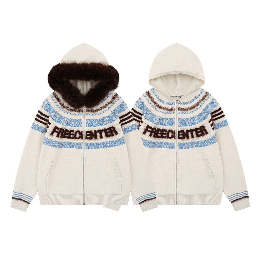 Fair Isle Hooded Detachable Fur Collar Knit Cardigan NA8870