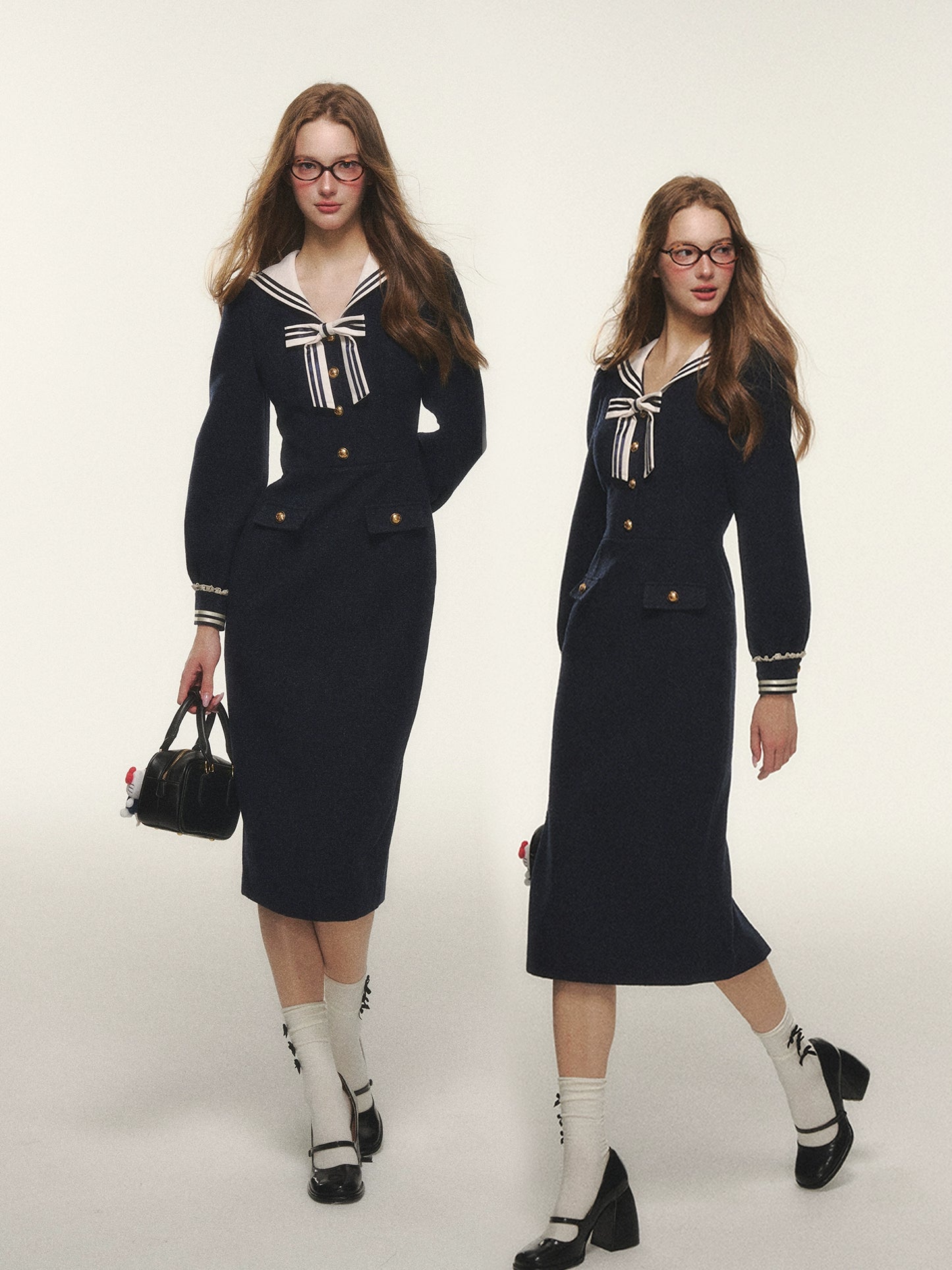 Sailor Collar Bowknot Long Sleeve Midi Dress NA7043