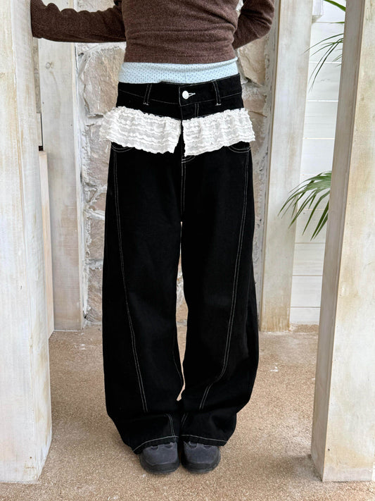 Lace Panel Low Rise Straight Denim Jeans NA9262