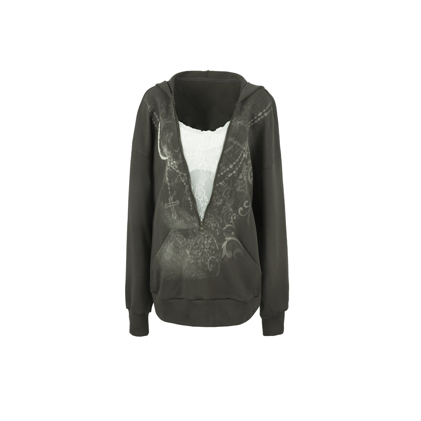 Fake Layered Lace Zipper Batwing Sleeve Pullover Hoodie NA7825