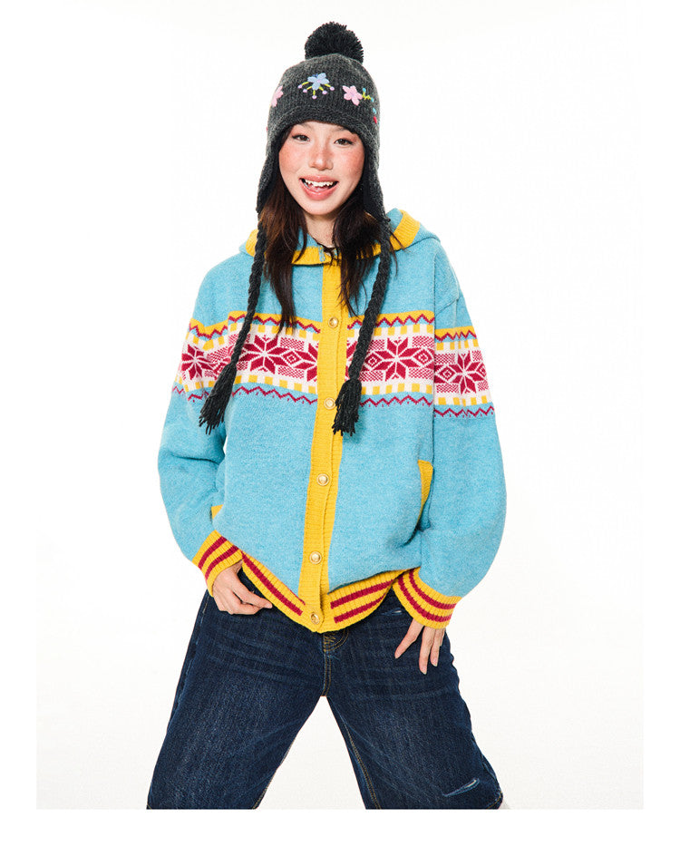 Contrast Pattern Hooded Knit Cardigan NA9340