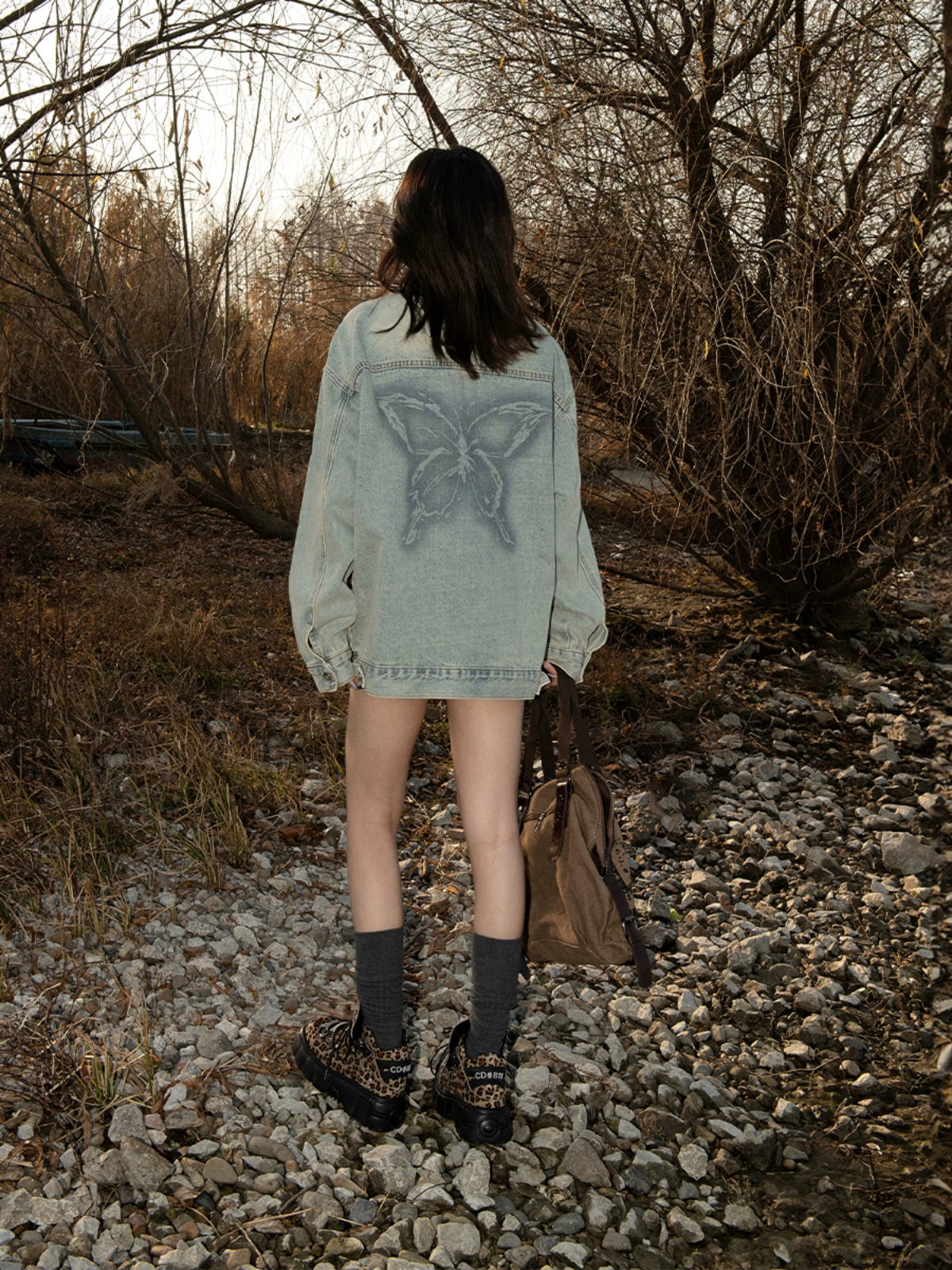 Butterfly Print Oversize Denim Jacket NA2674