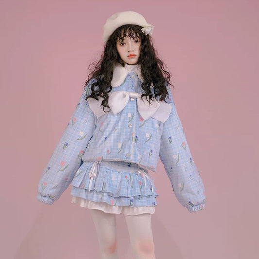 Flower Print Bow Fleece Lining Puffer Jacket NA8271