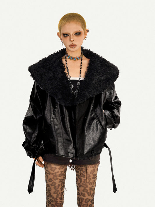 Retro Gothic Large Fake Fur Collar Oversize PU Leather Jacket NA8617