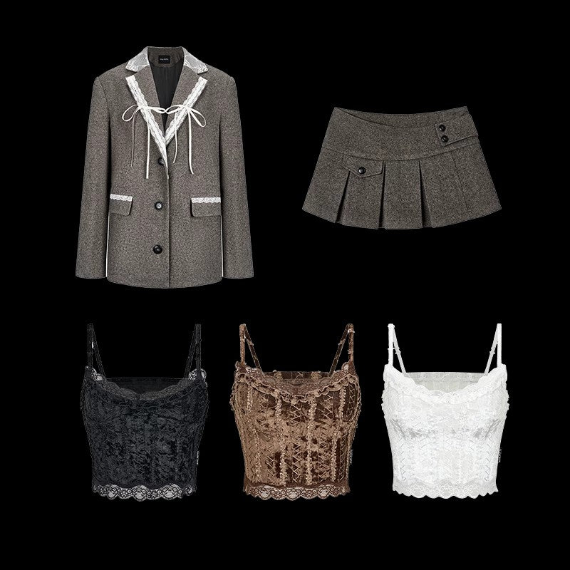 Lace Tailored Jacket & Short Skirt & Camisole Setup NA4983