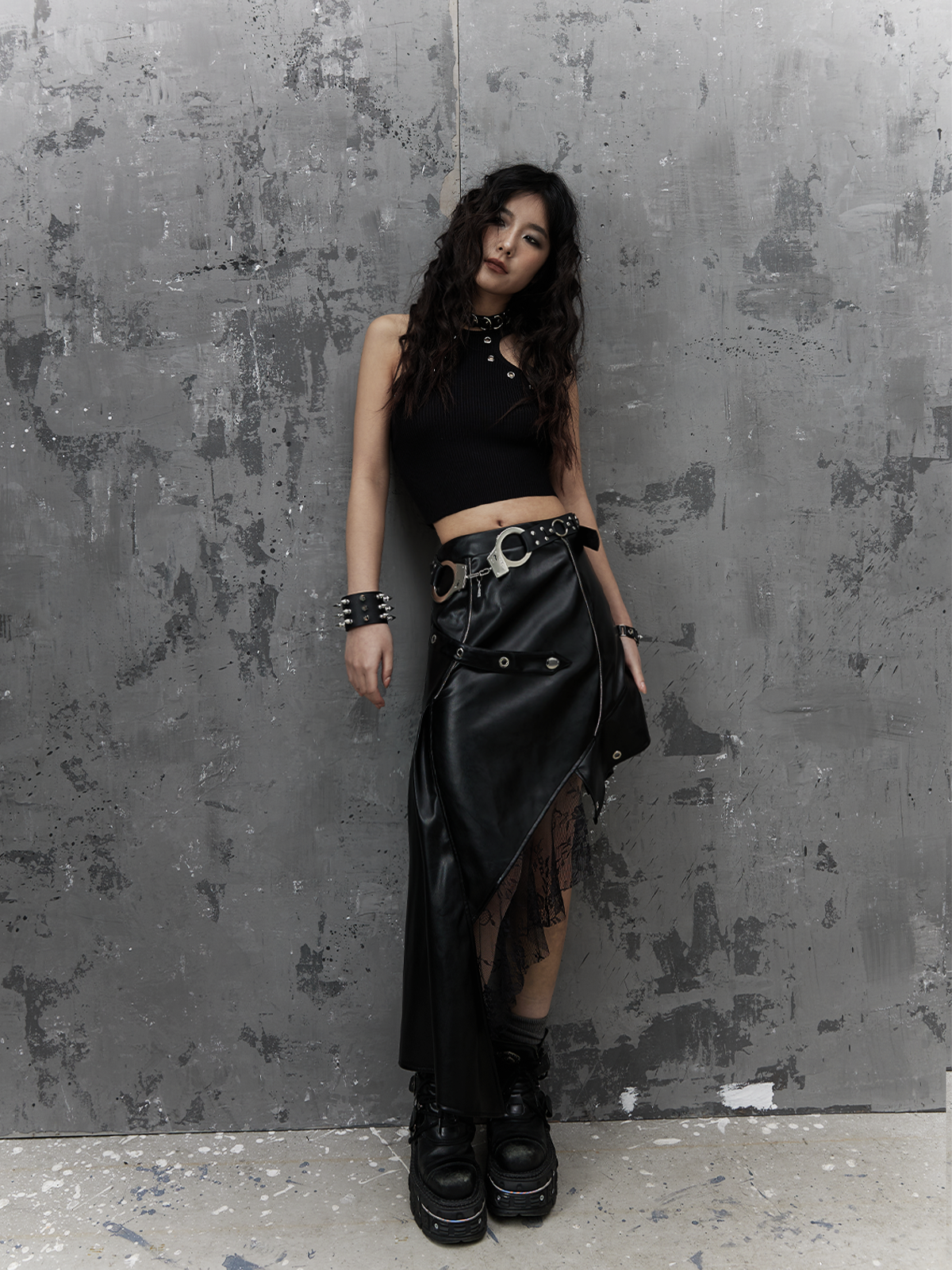 Asymmetric PU Leather Mesh Patchwork Skirt NA8135