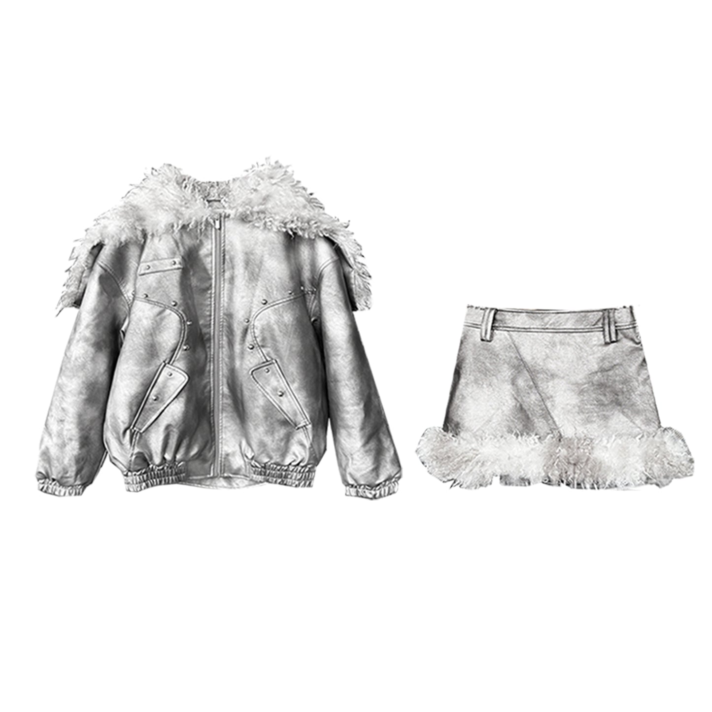 Silver PU Puffer Jacket & A-Line PU Skirt Setup NA8200