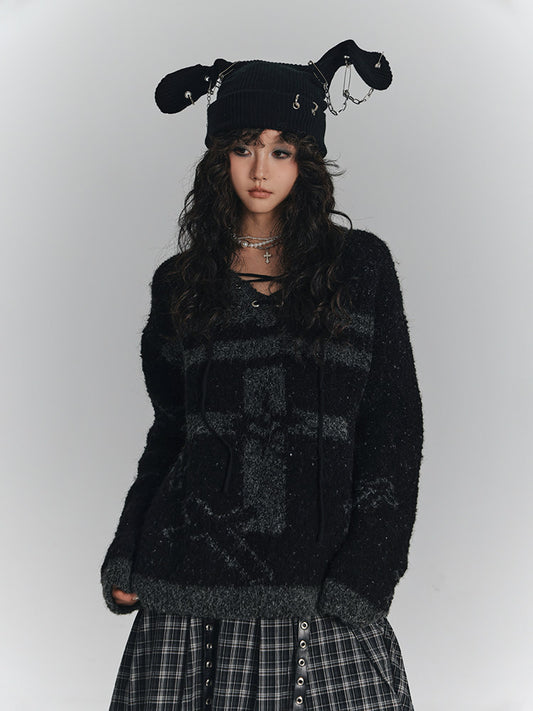 Cross Detail Drawstring Oversize V-Neck Knit Sweater NA8890