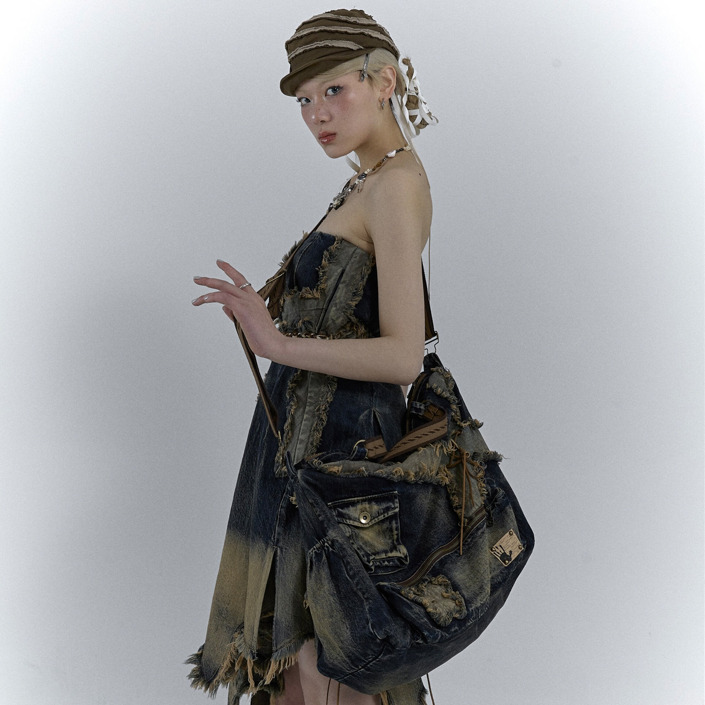 Distressed Washed Denim Messenger Bag NA8972