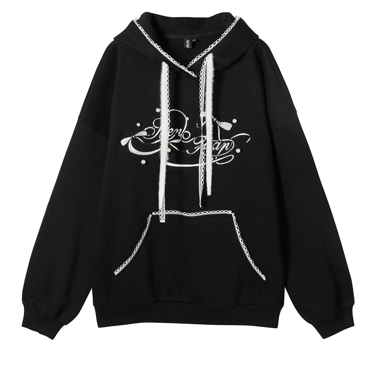 Lace Patchwork Embroidery Fleece Linning Oversize Pullover Hoodie NA6862