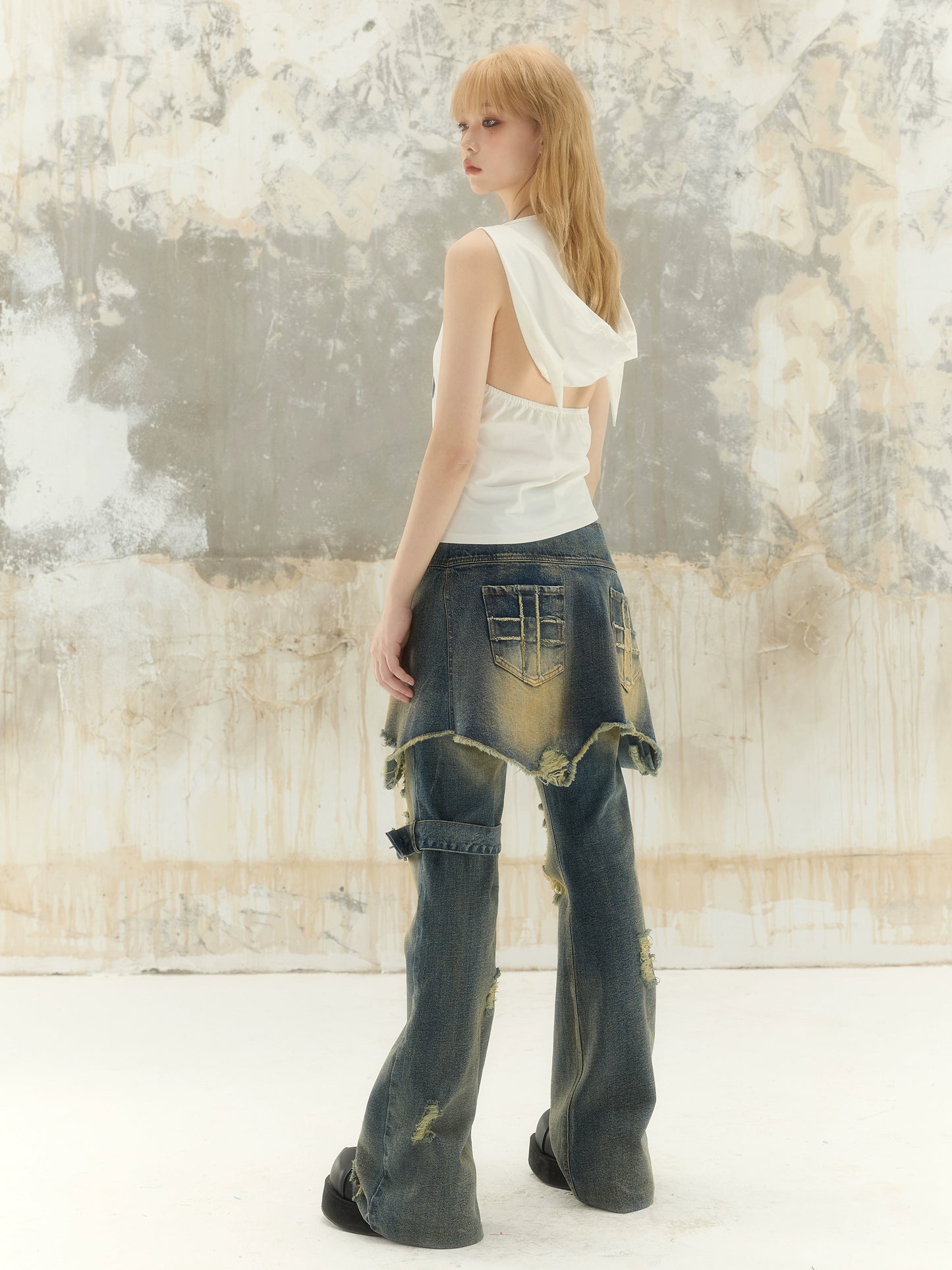 Washed Asymmetrical Adjustable Denim Short Skirt NA6975