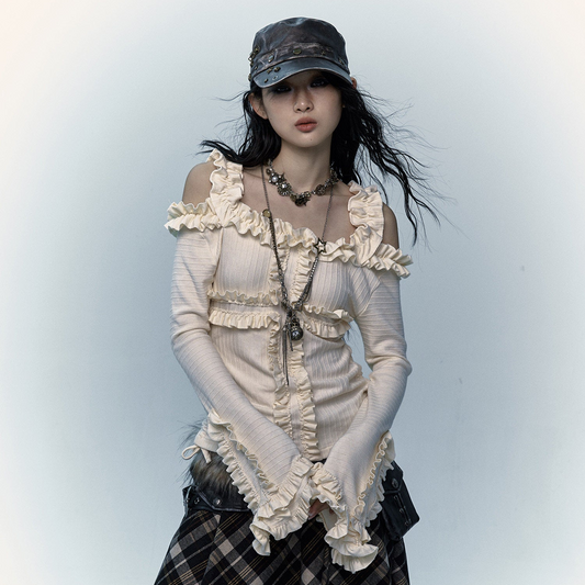 Ruffle Print Flare Sleeve Long Sleeve T-Shirt NA8983