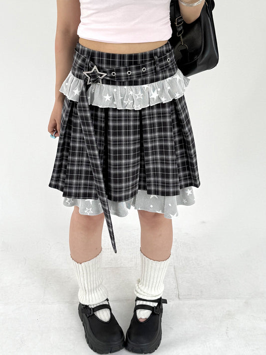 Plaid Lace Layered Star A-Line Short Skirt NA9280