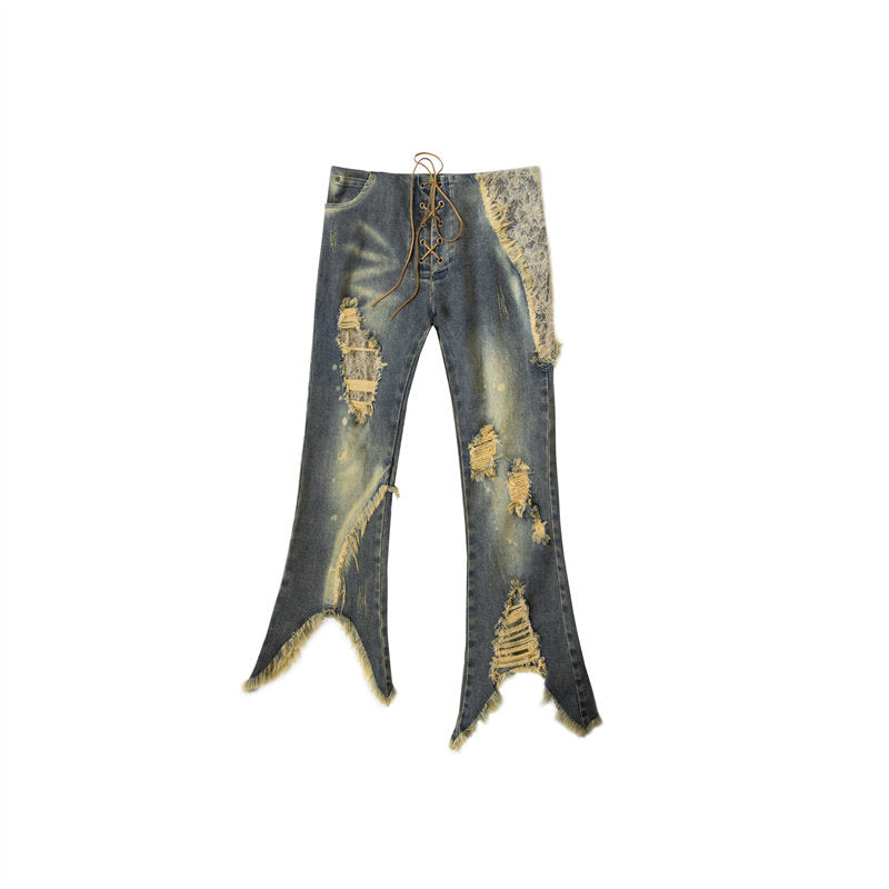 Damage Asymmetric Flare Denim Jeans NA8990