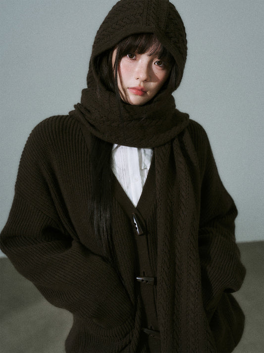 Hooded Horn Button Fleece Lining Knit Cardigan NA8782