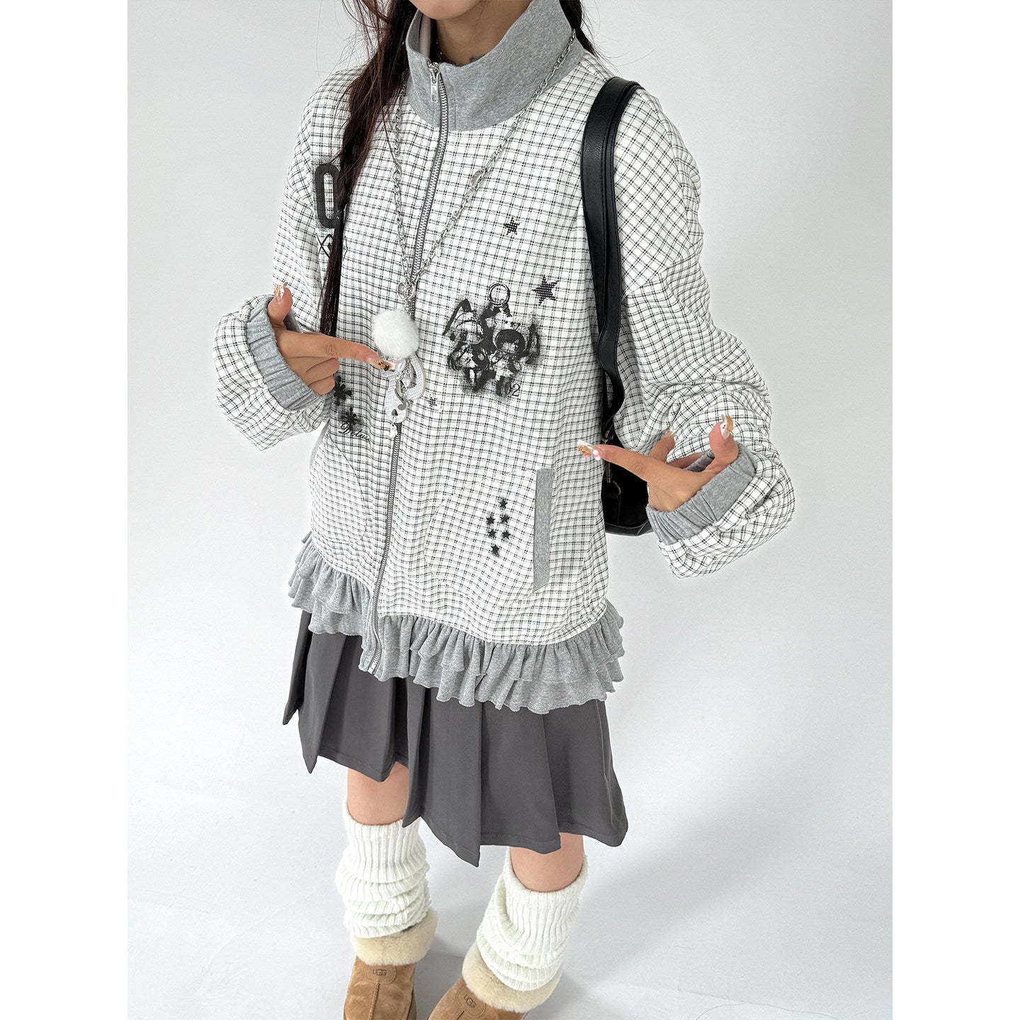 Checkered Ruffle Hem Oversize Zipper Hoodie NA9278