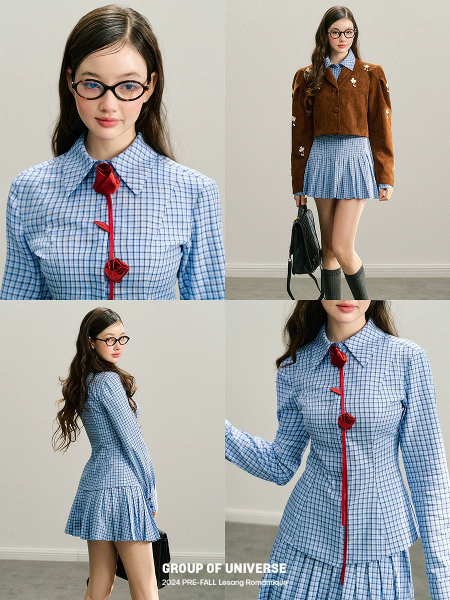 Handmade Rose Plaid Long Sleeve Shirt & Short Pleated Skirt Setup NA5945