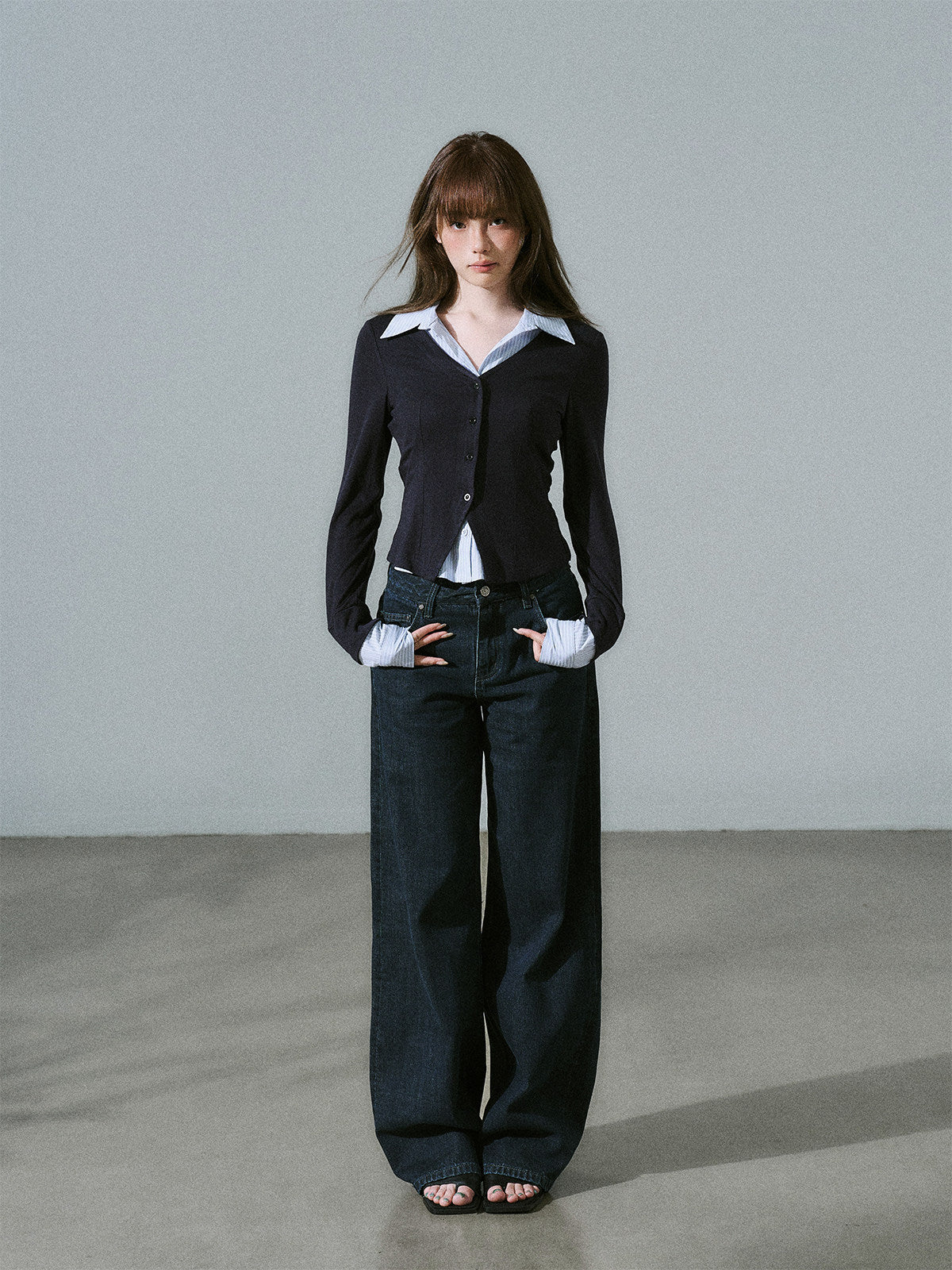 Layered Lyocell Wool Stripe Office Commuter Kinit Cardigan NA8807