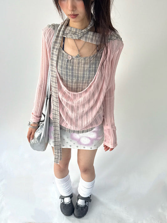 Plaid Ripped Fake Layered Long Sleeve T-Shirt NA9253
