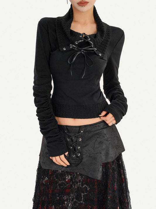 Lace Patchwork Tie Long Knit Long Sleeve T-Shirt NA8591