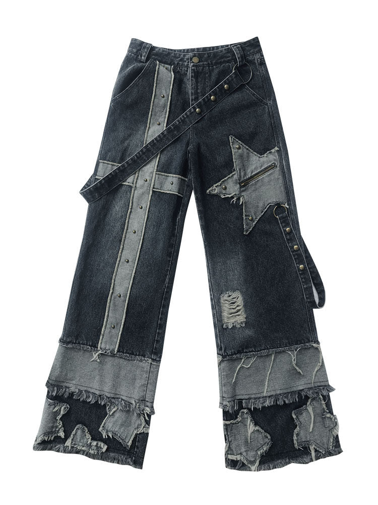 Low Waist Wide Leg Washed Stud Denim Jeans NA8547