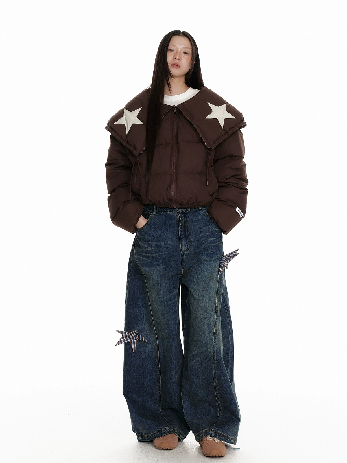 Drawstring Shawl Collar Two-Way Short White Duck Down Jacket NA7106