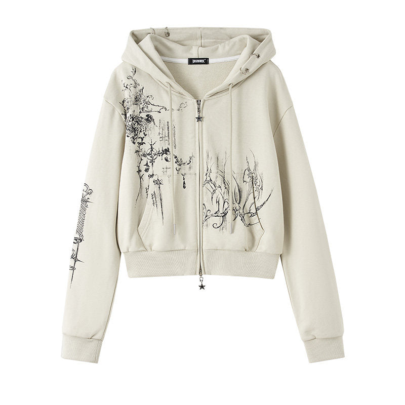 Cropped Graphic Print Zipper Hoodie NA8895