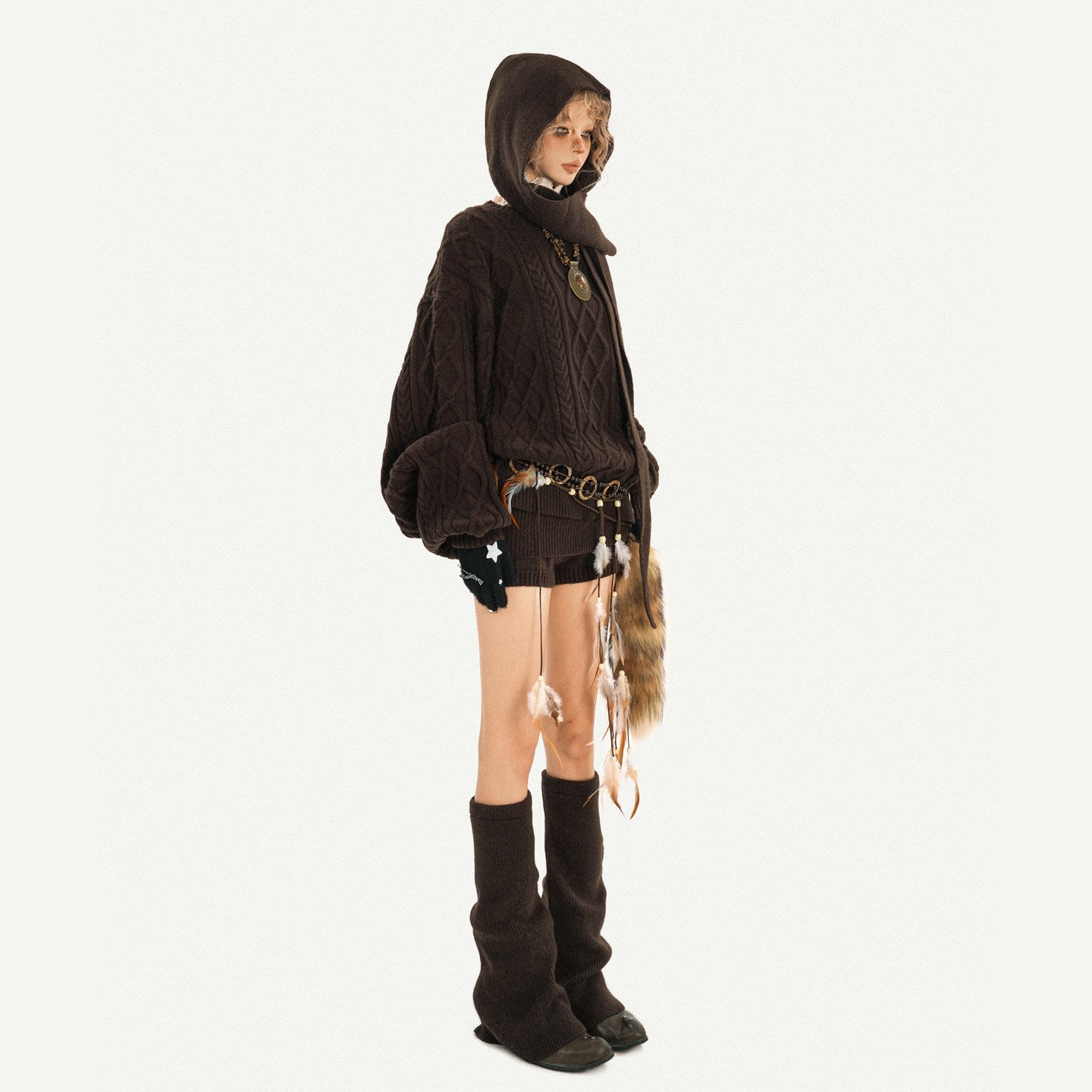 Oversize Knit Sweater & Low Waist Knit Short Pants & Shawl & Leg Warmers Setup NA8620