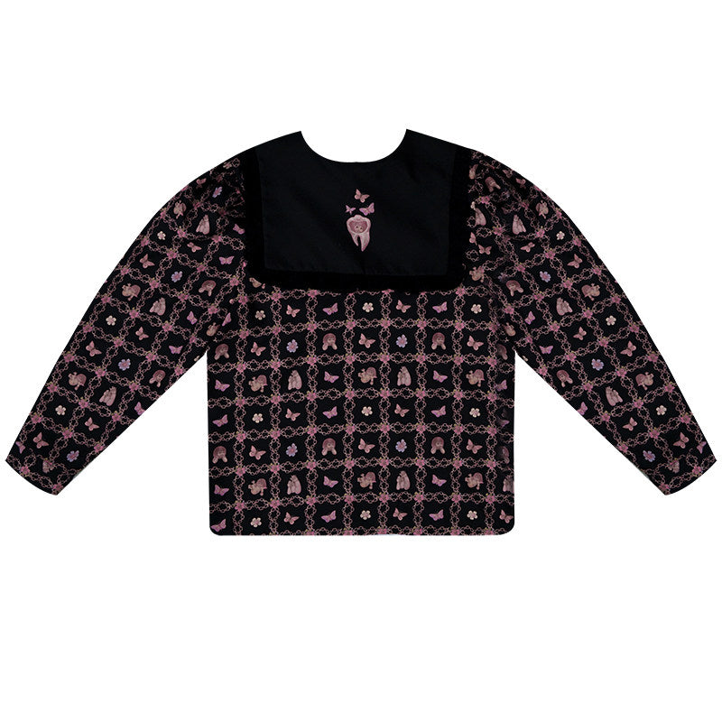 Quirky Print Bubble Sleeve Fake Layered Long Sleeve Blouse NA8294