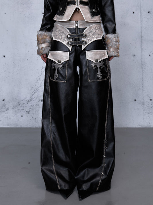 Lace Panel Buckle Detail Wide Leg PU Leather Pants NA8987