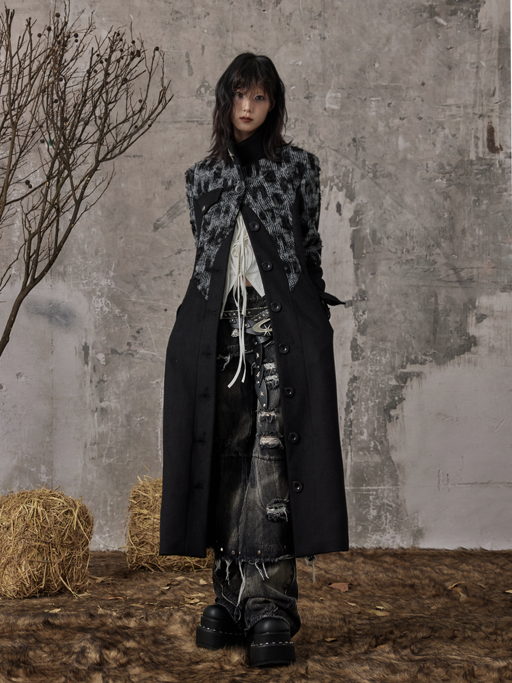 High-Neck Studs Patchwork Wool Coat NA8183