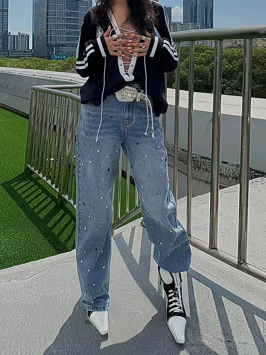 Washed Wide Leg Studded Denim Jeans NA8369