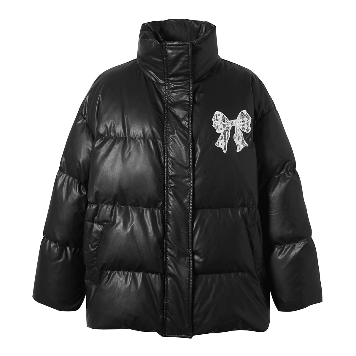 Fake PU Leather Stand Neck Lace Patchwork White Duck Down Jacket NA6904