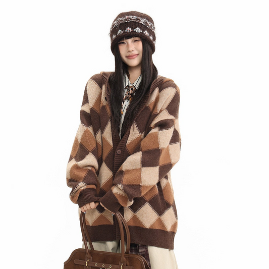Heavyweight Diamond Pattern Oversize Hooded Knit Cardigan & Knit Sweater NA8871