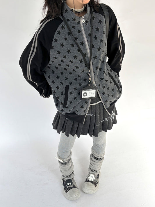 Star Print Double Zipper High-Neck Oversize Cardigan NA9277