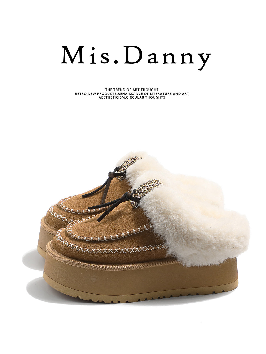 Fake Fur Lined Stitch Detail Platform Mules NA8669