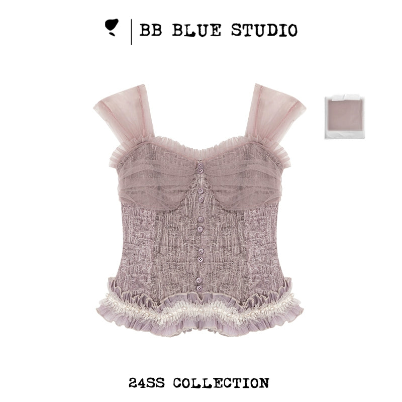 Pleats Mesh Lace Off Shoulder Tube Top NA7529