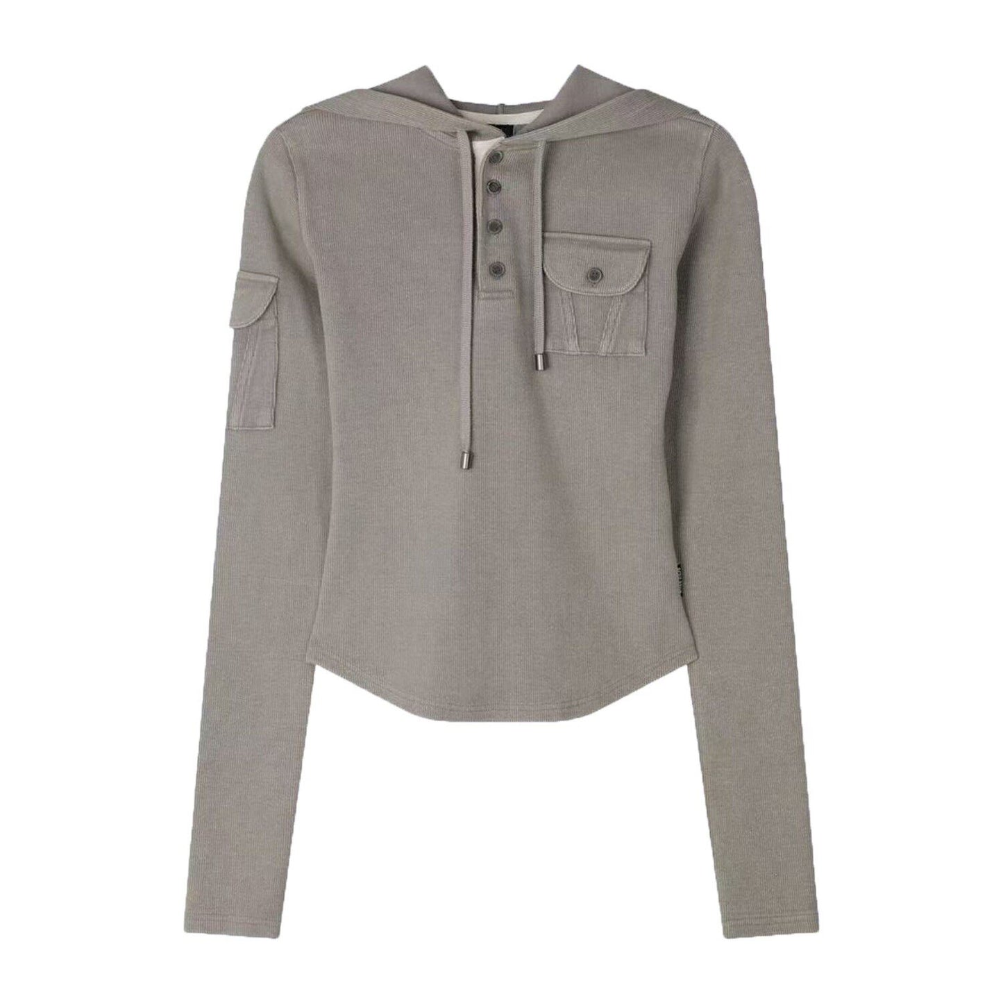 Ribbed Henley Fitted Hooded Long Sleeve T-Shirt NA9180