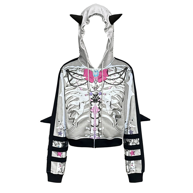 Skull Bowknot Print Horns Hoodie NA6614